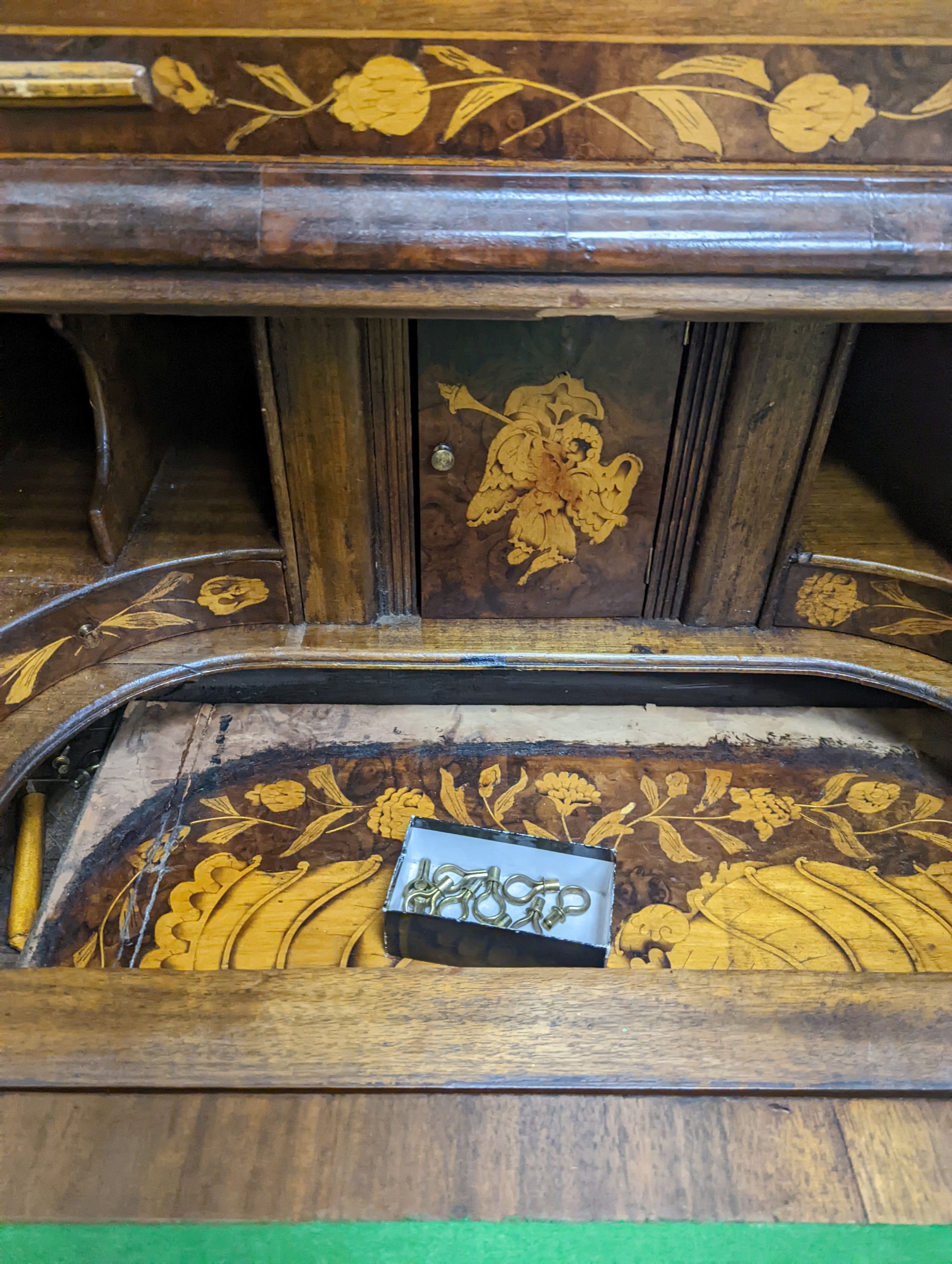 A Dutch floral marquetry walnut bombe bureau cabinet, width 120cm, depth 60cm, height 210cm